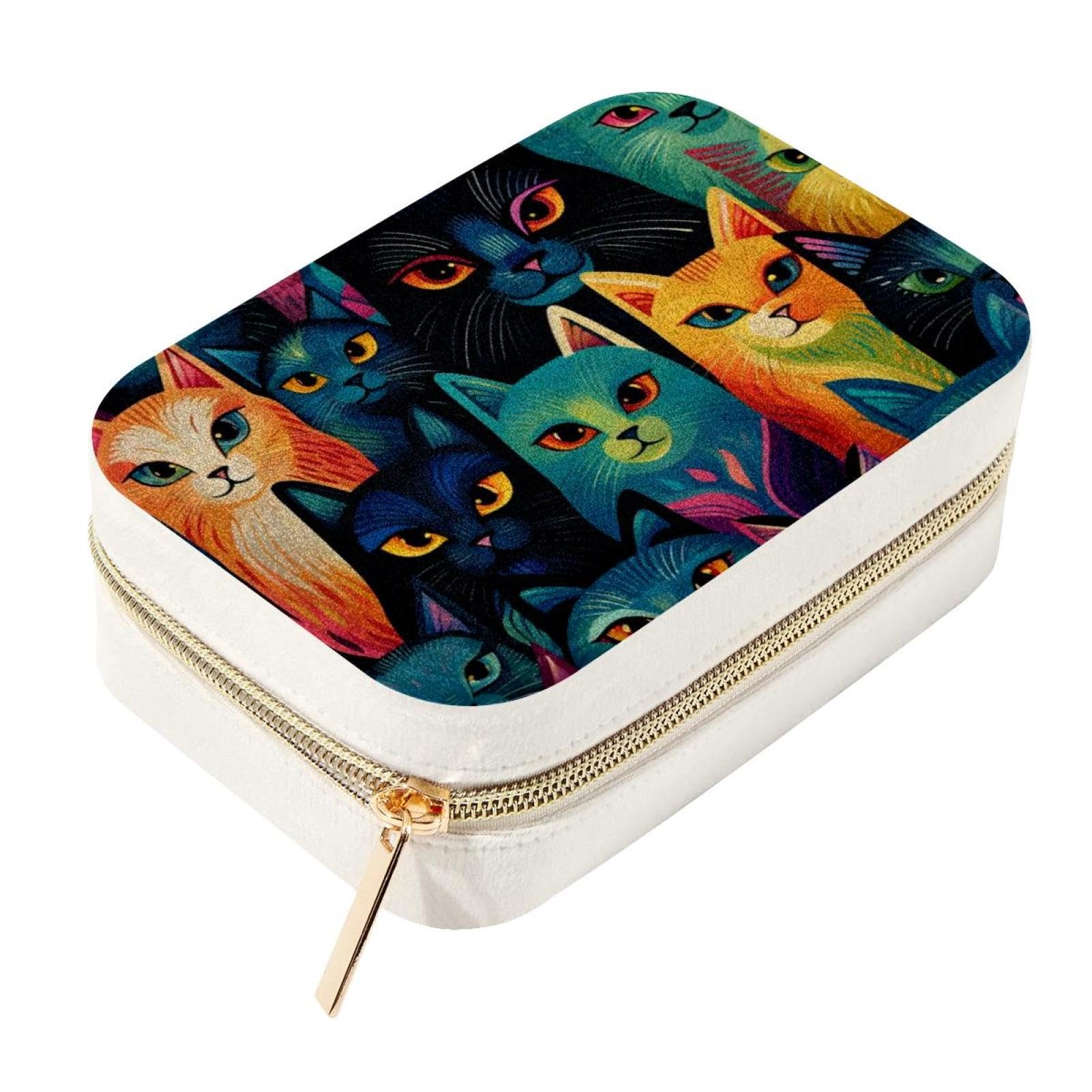 Boîte à bijoux de voyage en velours motif chat avec rangement bagues et colliers