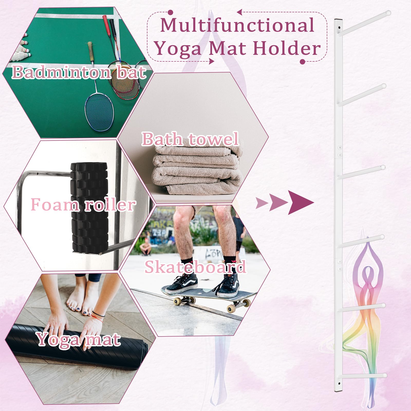 Soporte de pared para esterilla de yoga, organizador de esterilla de yoga, monopatín, soporte de pared para rodillos de espuma, monopatín, tabla de esquí (blanco)