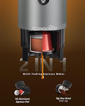 CONQUECO Portable Espresso Machine Travel: 12v Car Coffee Maker with Battery for Camping - Small Electric - 2.5 Mins Heating - Set With Ground Coffee & NS Capsule & Handbag for RV, Hiking, Office