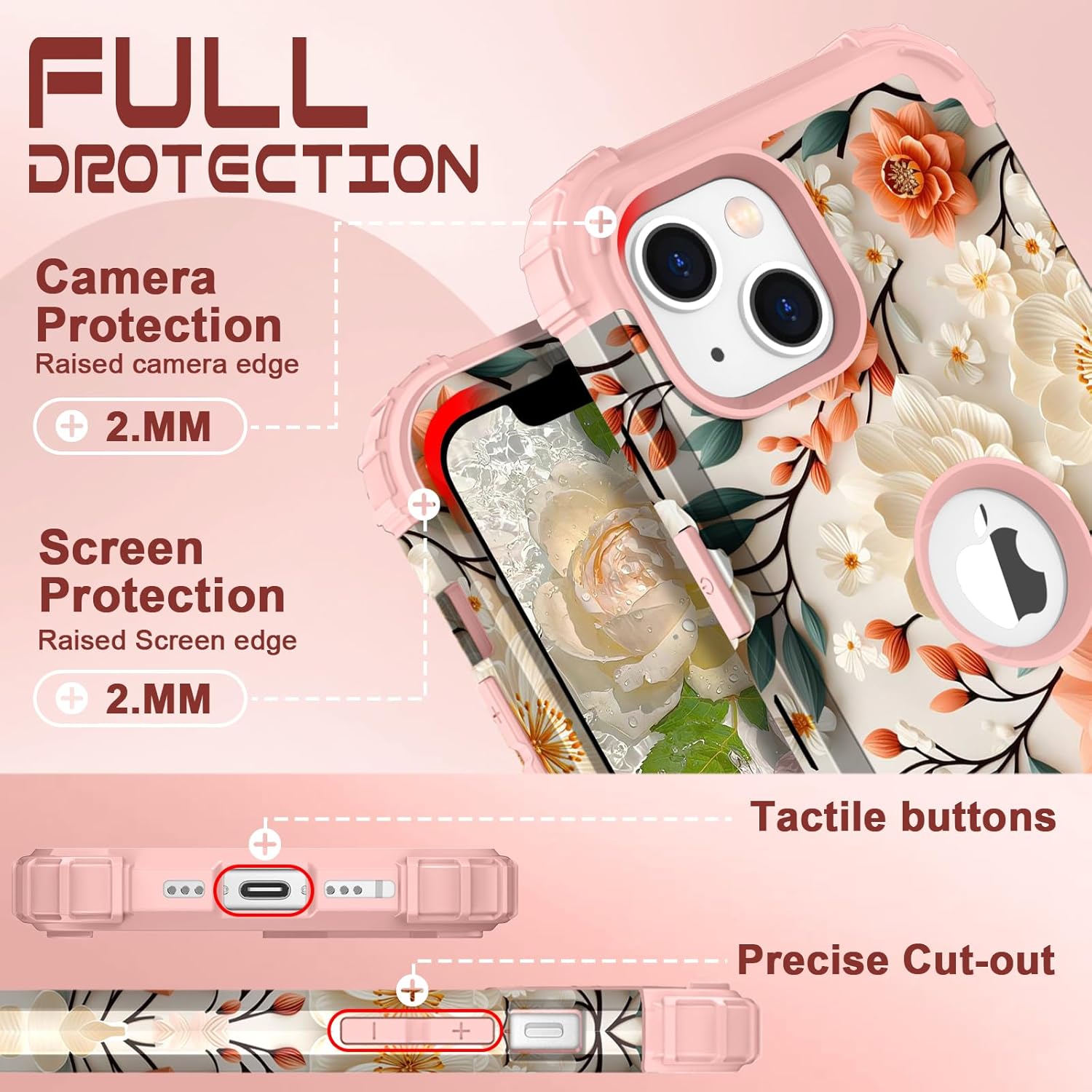 PIXIU Unique Flower Pattern Compatible with iPhone 13/14 6.1 inch case, Heavy Duty Dual Layer Shockproof Full-Body Protective Sturdy Hybrid Cute Rugged Case for Women,Girls,Kids-White/Orange - Image 3