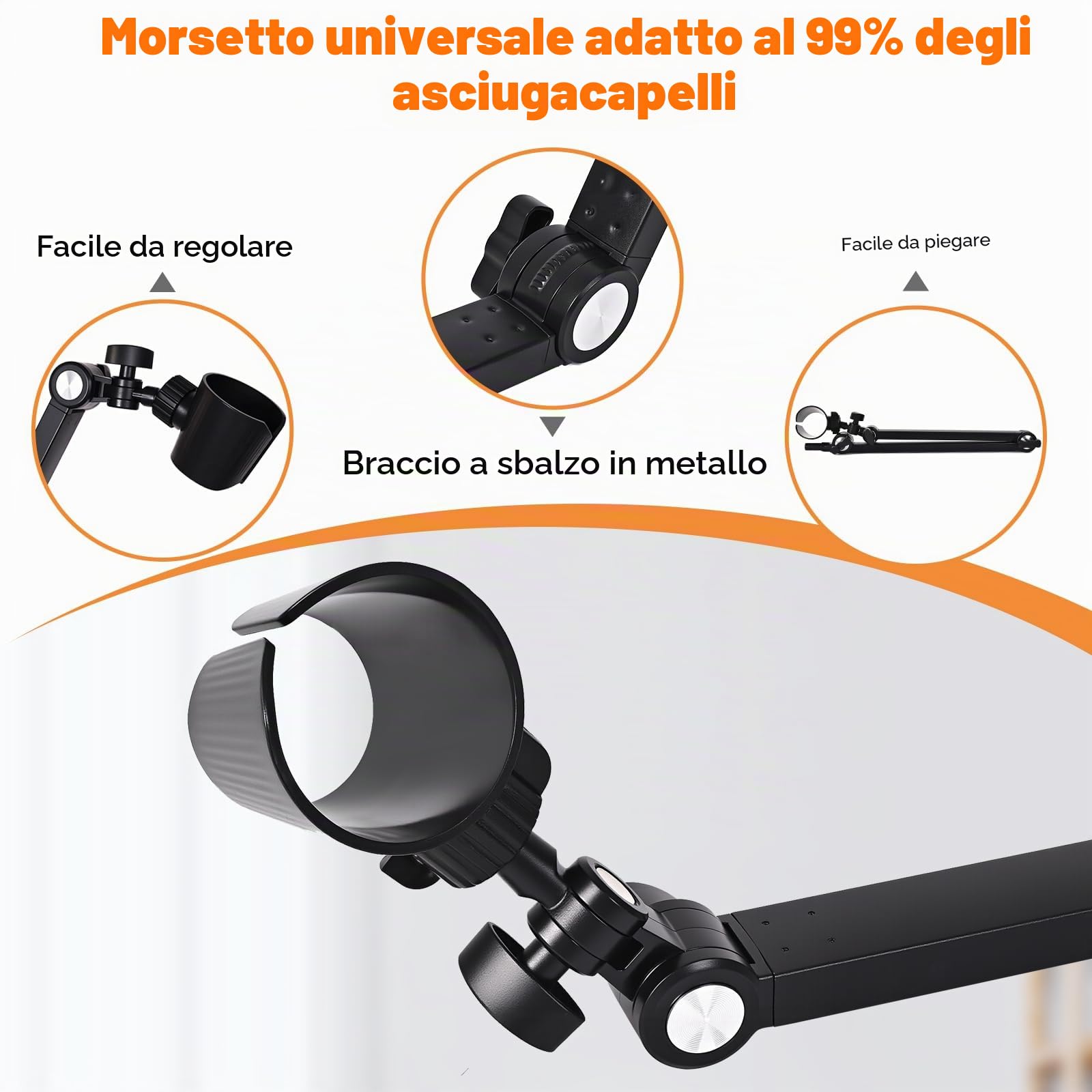 Hivexagon Supporto a Morsetto per asciugacapelli - Supporto Regolabile Multi-angolazione, Braccio in Lega di Carbonio, Base in plastica, Consente di asciugare i Capelli a Mano Libera