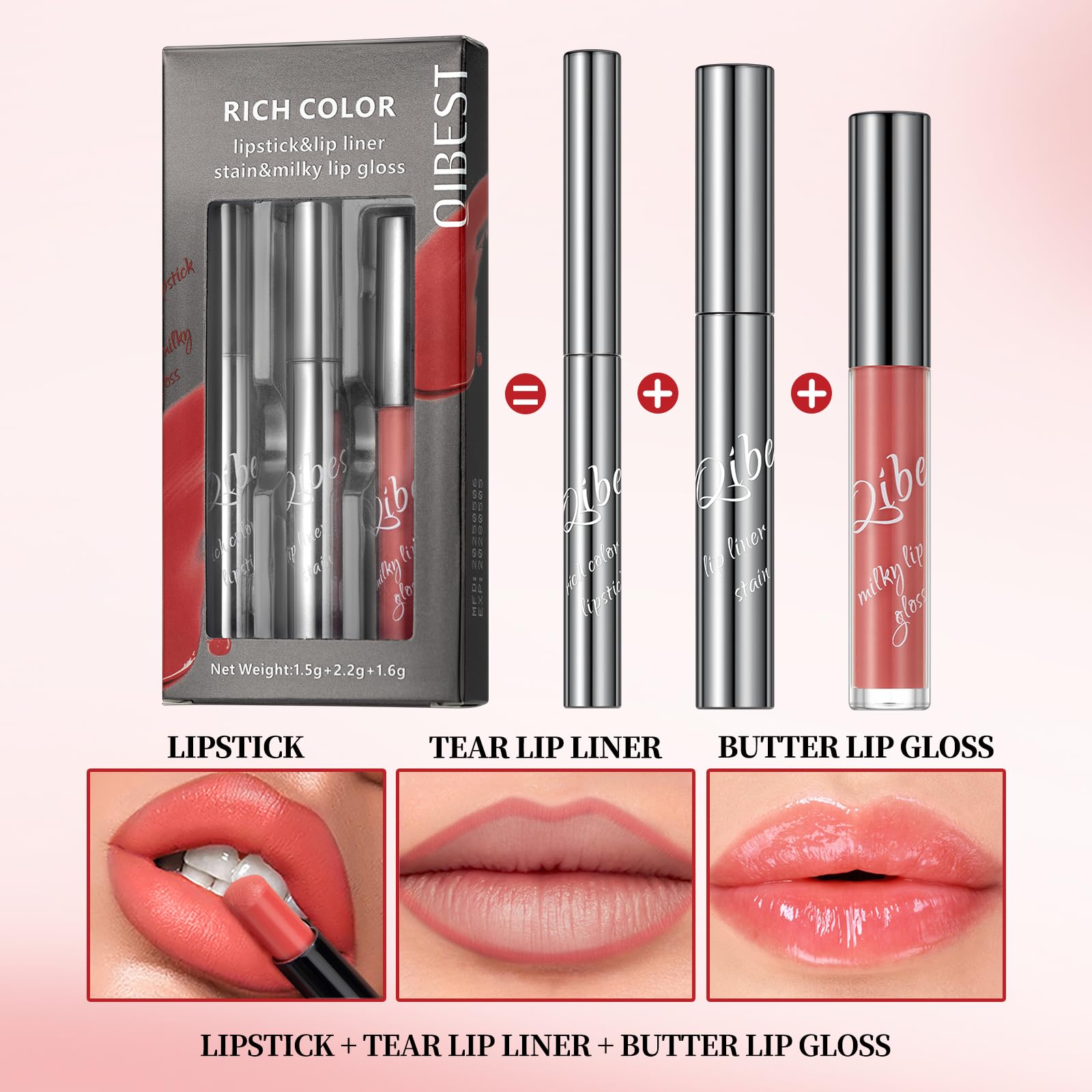 3PCS Lipstick Makeup Set, Matte Lipstick, Peel-Off Lipliner & Butter Lip Gloss - Image 3