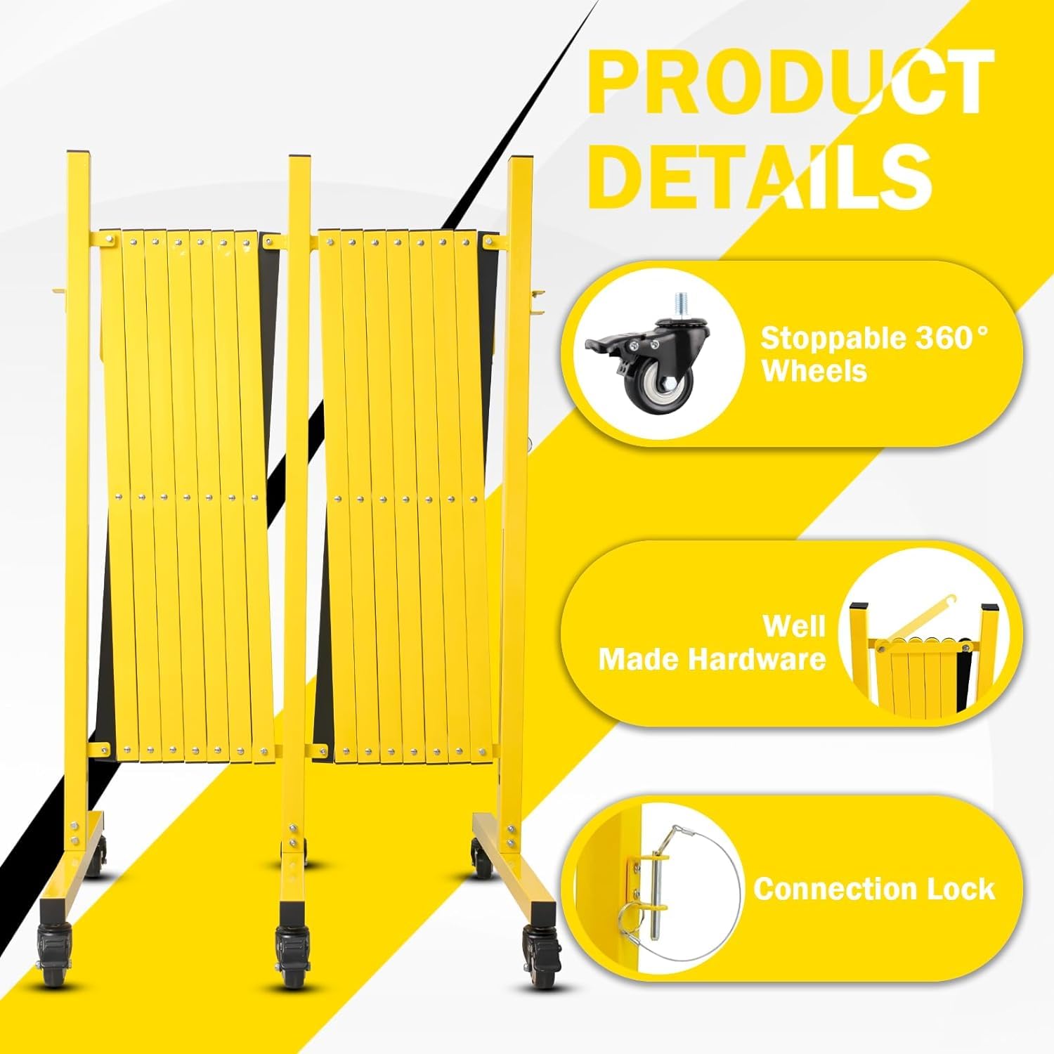 Metal Expandable Barricade with Casters, Collapsible Accordion Barricade Gate, for Home, Garage, Stores, Road Construction, Yellow. (23FT)