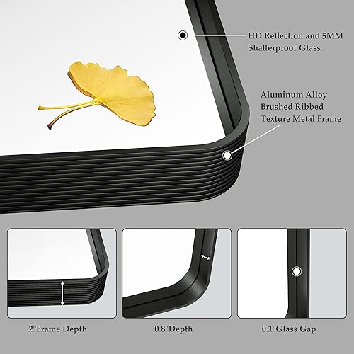 Miniatura 4 de Wansi Shine Espejo negro de 40 x 30 pulgadas para pared, espejo de tocador de baño, con marco de textura acanalada de aleación de aluminio que no se