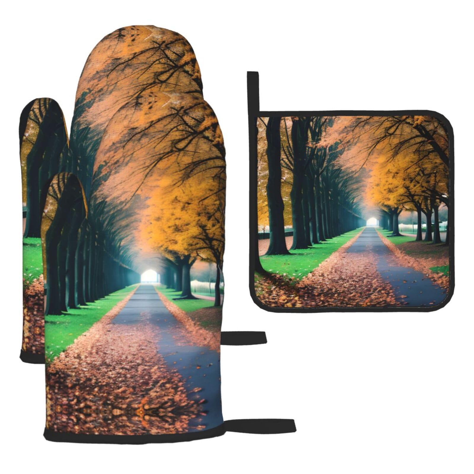 Autumn Print Oven Mitts and Pot Holders,Non-Slip Pot Holders for Kitchen,Thick Potholders for Baking Grilling