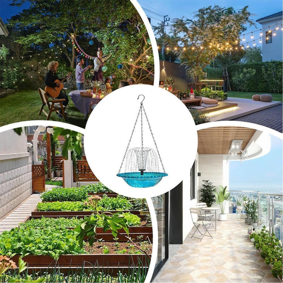 2026 New Solar Cascade Hanging Bird Bath Fountain, Hanging Bird Bath with Solar Fountain, Outdoor Water Feature with Pump, Glass Bowl, Weatherproof, Attracts Wild Birds & Hummingbirds (Blue)