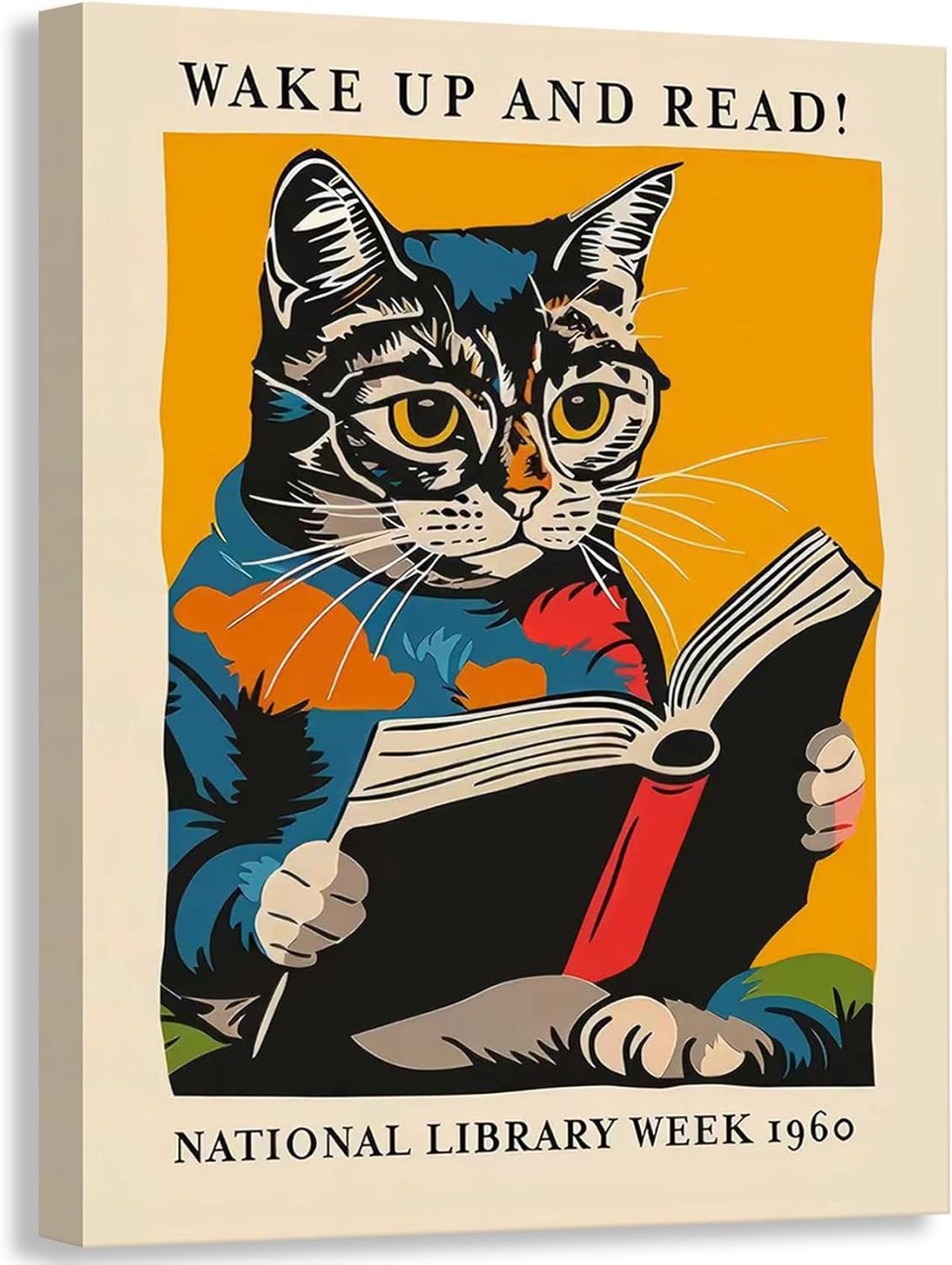 Vintage Reading Cat Canvas Wall Art 1960 National Library Week Poster Print Wake Up Reading Picture Funny Animal Wall Decor for Study Bedroom Bathroom 16x24in Framed