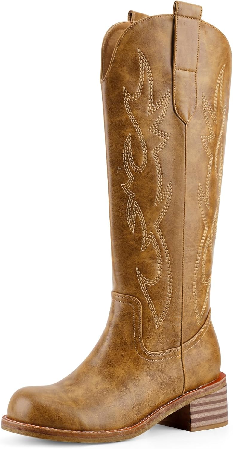 Cowboy Boots Knee High Women Western Embroidered Square Toe Wide Calf Chunky Heel Chunky Heel Retro Classic Tall Boot Pull on for Ladies Fall Winter