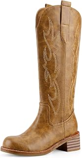 VBDB Cowboy Boots Knee High Women Western Embroidered Square Toe Wide Calf Chunky Heel Chunky Heel Retro Classic Tall Boot Pull on for Ladies Fall Winter