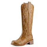 VBDB Cowboy Boots Knee High Women Western Embroidered Square Toe Wide Calf Chunky Heel Chunky Heel Retro Classic Tall Boot Pull on for Ladies Fall Winter