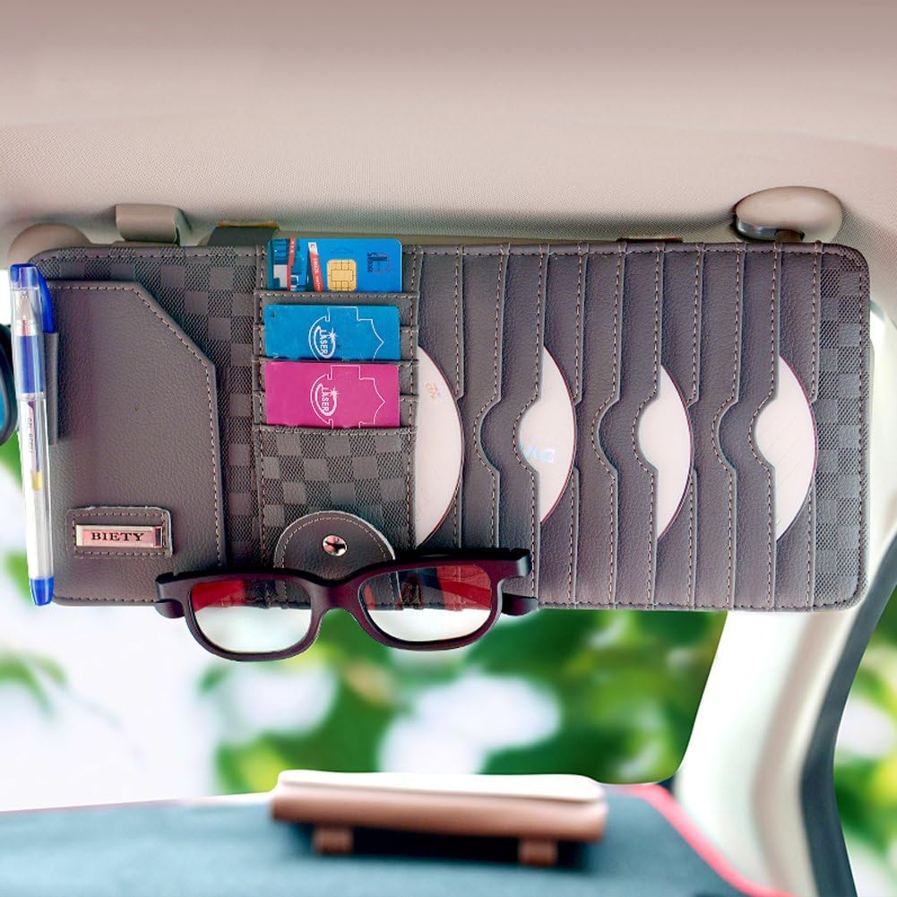 BIETY Car Sun Visor Organizer CD/DVD Storage Slots Cards Pen Glasses Clip Storage Detachable Portable PU Leather Gray