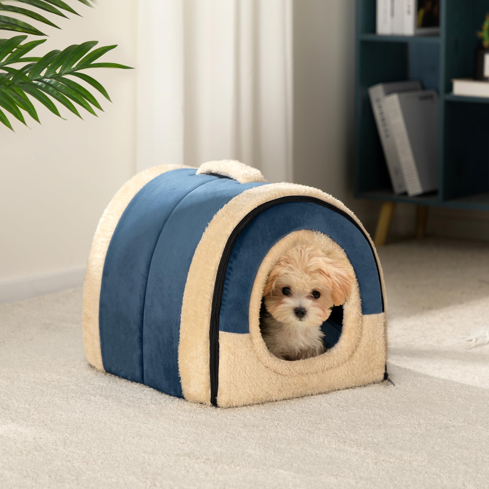 Hollypet Cat Bed Small Dog Bed, 2-in-1 Foldable Pet Beds for Cats and Small Dogs Crystal Velvet Cat Cave Indoor Outdoor, Dark Blue - Image 3
