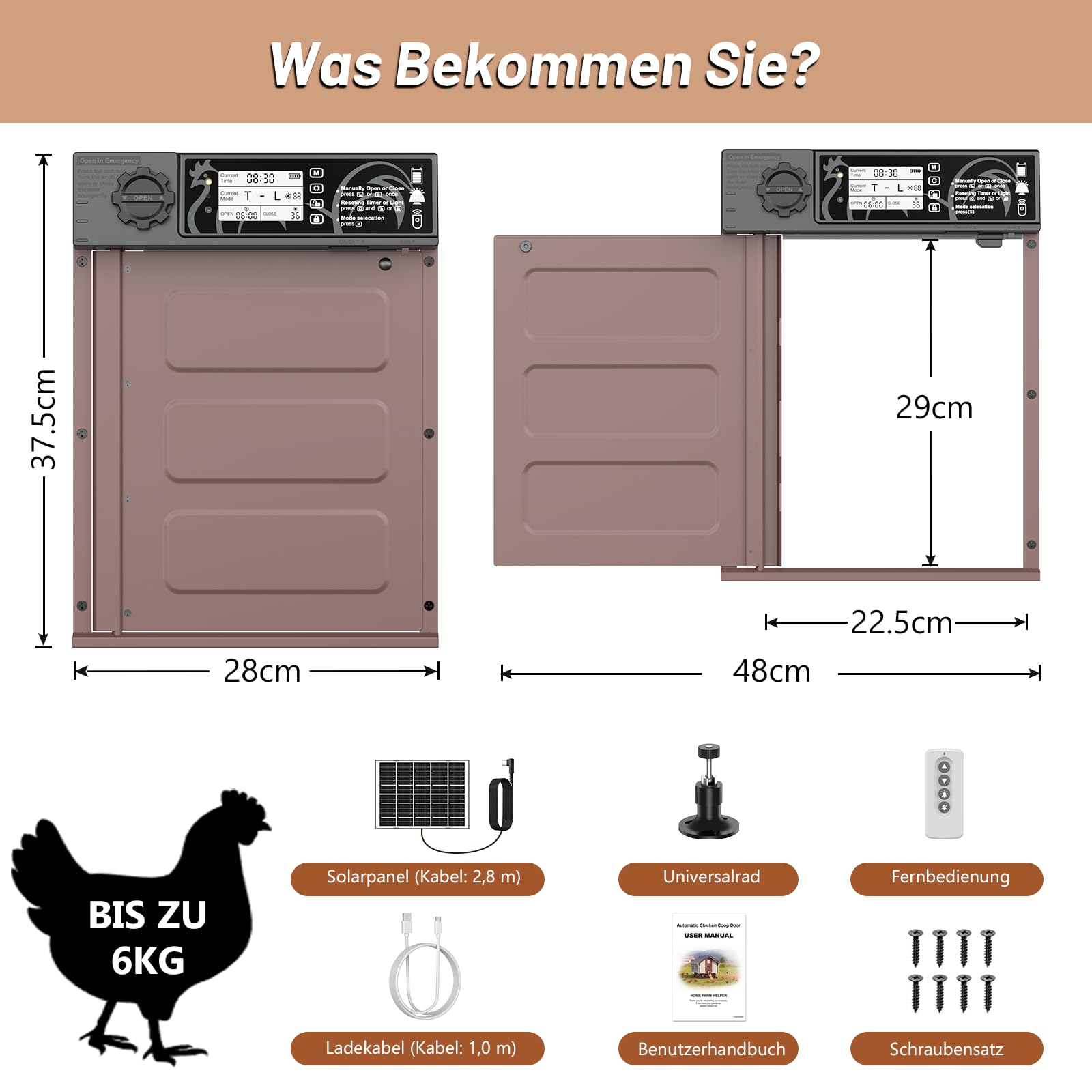 Große Größe Automatische Hühnerklappe Solar, Aluminum Hühnerklappe Automatisch Seitliche Öffnung, Elektrische Hühnertür mit 7W Solarpanel, LED Display, Lichtsensor, Timer, Fernbedienung
