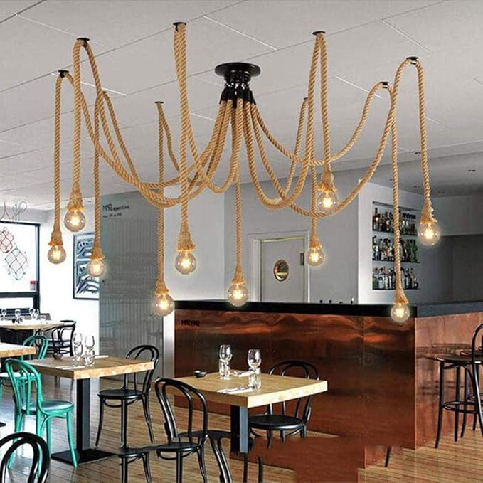 WHLMYH Moderne Industrie Spoetnik Kroonluchter, Industriële Henneptouw Kroonluchters Opknoping Lamp, Verstelbare Diy E27 Loft Bar Restaurant Verlichting Fixtur,Henneptouw,6-Lichts photo 2