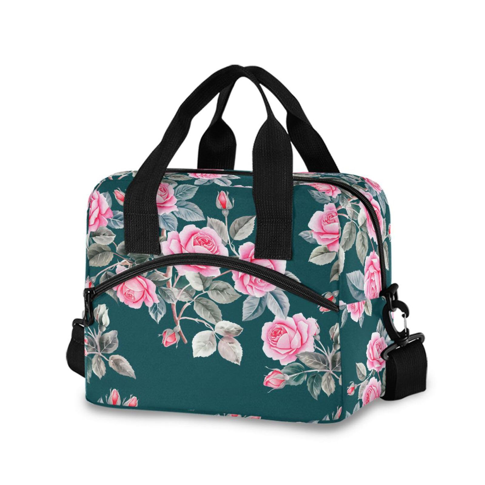 Sinestour Insulated Lunch Bag Reusable Cooler Pink Rose Branch Lunch Box Adjustable Shoulder Strap for School Office Picnic
