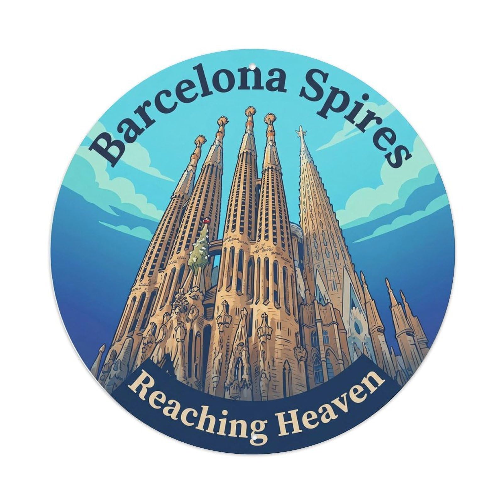 Barcelona Spires Landmark Vintage Travel Catalan Heritage Metal Tin Sign Plaque Wall Decor for Cafe, Man Cave, Club Bar, Office, Home Garden Round Metal Poster 8x8Inch