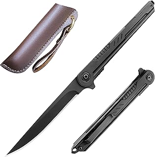 Ogival Folding Knife, 3.5 inch Pocket Knife with Leather Sheath and Pocket Clip,Edc Knife for Men and Women