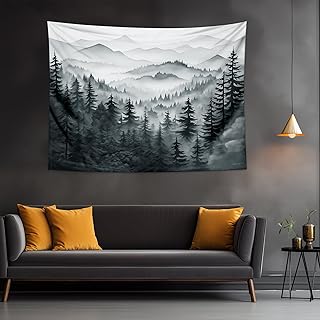 QGHOT Misty Forest Tapestry, Nature Mountain Tapestry Wall Hanging Black and White Grey Cool Landscape Wall Art for Mens Bedroom Living Room Decor 78.7"x59.1"