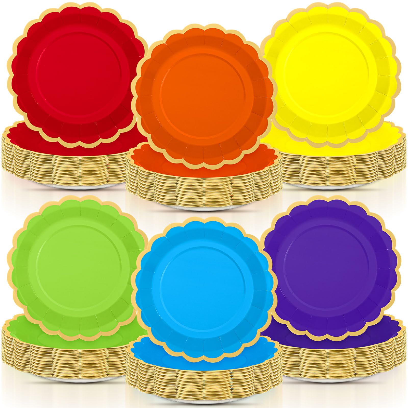 96 Pcs Rainbow Paper Plates 9 Inch Scalloped