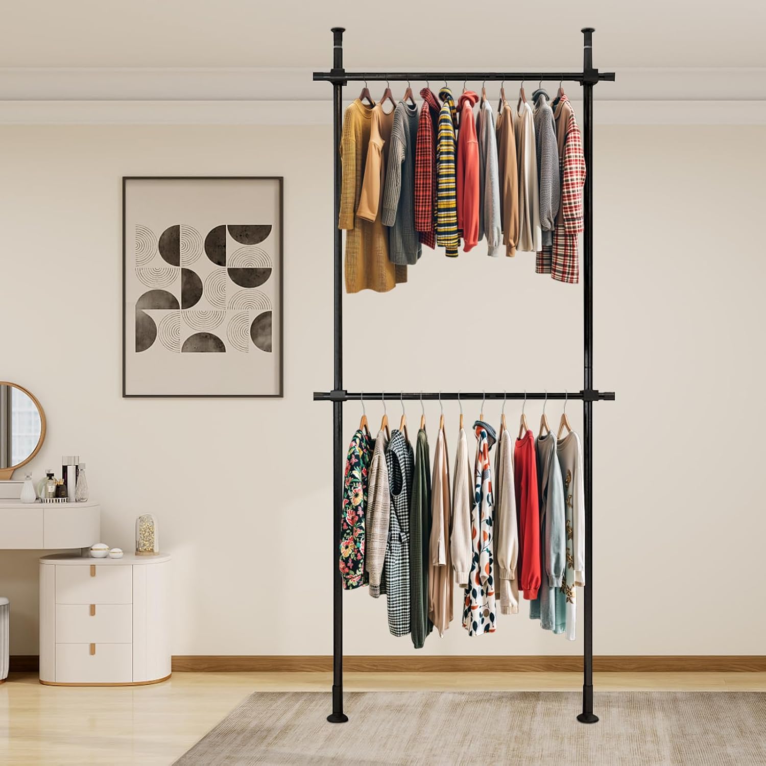 Floor to Ceiling Clothing Rack,2 Tier Adjustable Heavy Duty Garment Rack,Free Standing Open Shelves Garment Rack with Adjustable Feet for Laundry Room,Bedroom,Boutique