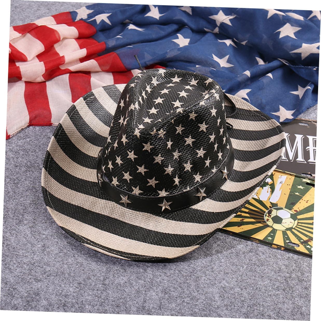 American Flag Cowboy Hat Straw Western Summer Hat Unisex 4th of July Patriotic Headwear for Men and Women Black