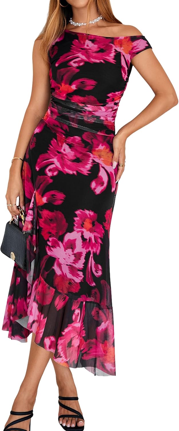 BerryGo Womens Floral Midi Dress Ruched Summer Wedding Guest Dress Sleeveless Asymmetrical Hem Date Night Cocktail Dresses