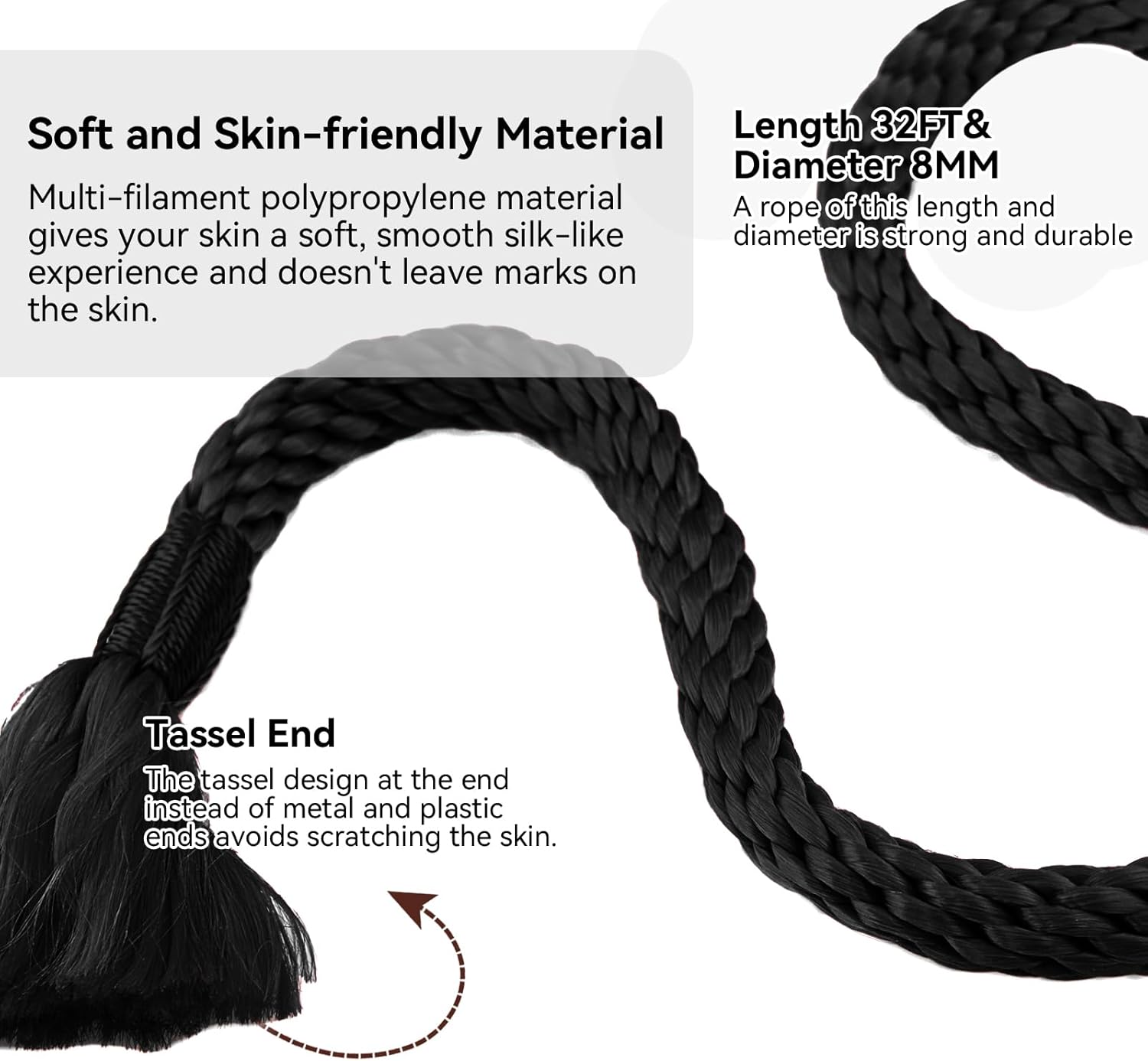 AOLEBA Skin Friendly 8mm Soft Silk Rope Kit for Practice Beginners and Experienced Riggers, Braided Polypropylene Japanese Rope for Simple and Complex Knots, 2 Sets 32 Ft with Dust Bag (Black X2)