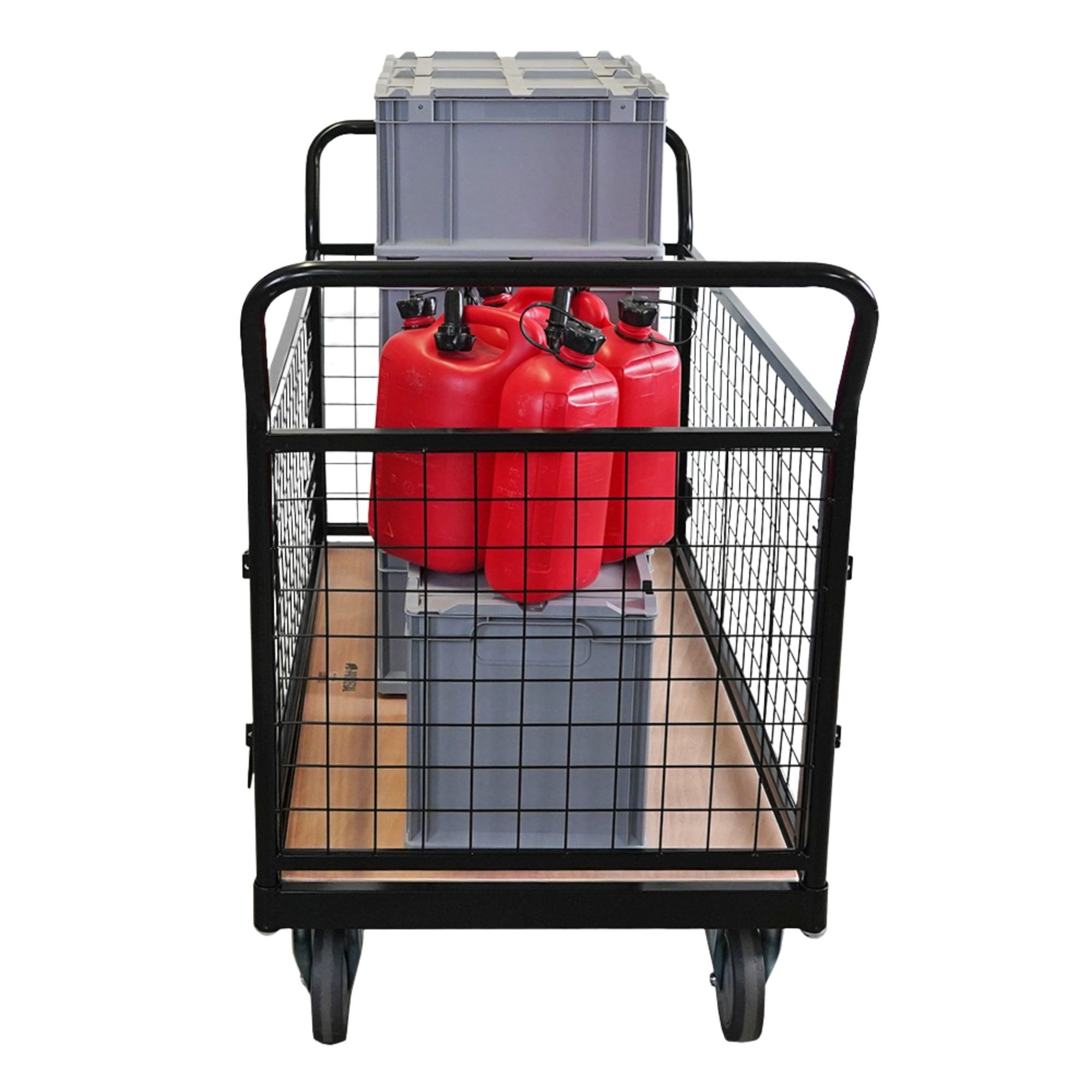 PROREGAL Profi Transportwagen Handwagen Materialwagen Plattformwagen mit abnehmbaren Gitterwänden | HxBxT 104x135x67 | Traglast 400 kg | 2X Lenkrollen mit Feststellbremse & 2X Bockrollen | Schwarz