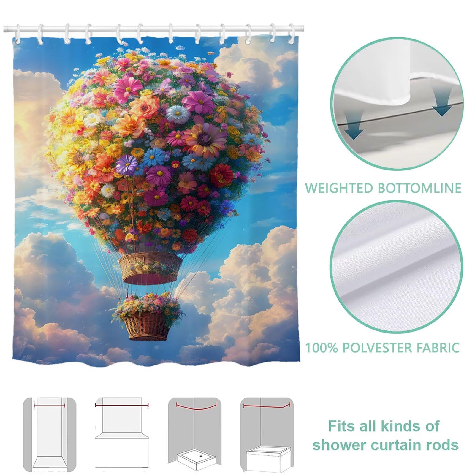 Duschvorhang 180x240 cm Blume Shower Curtains Heißluftballon mit Gewicht und 12 Haken, Anti Schimmel Wasserdicht, Waschbar Schnelltrocknender Polyester Stoff, Dekorative Vorhang für Badewanne 6H-263