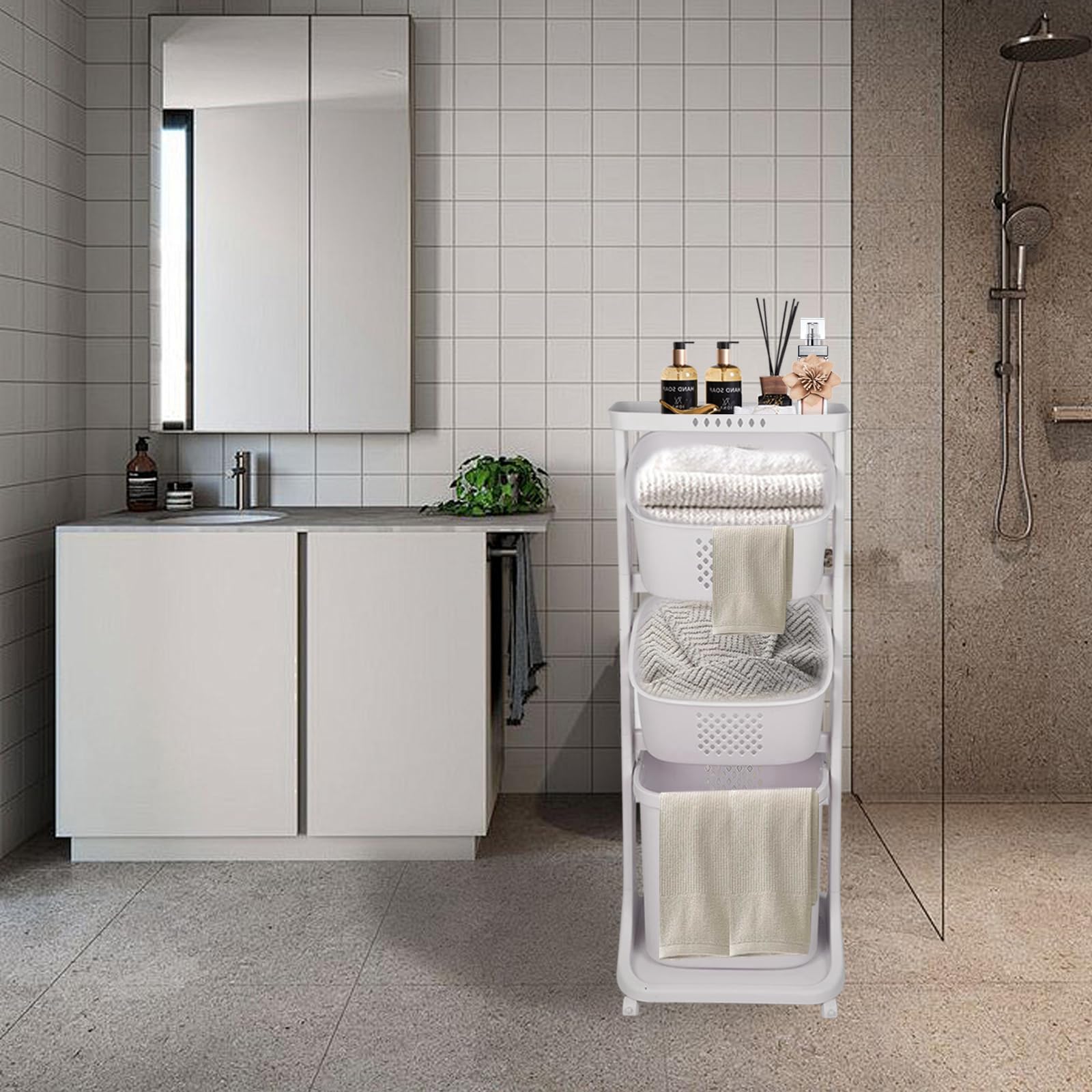 WODFARR - Cesta para la ropa móvil de 3 niveles, cesta para la ropa sucia, almacenamiento de 3 compartimentos, extraíble, 44 x 33 x 110 cm