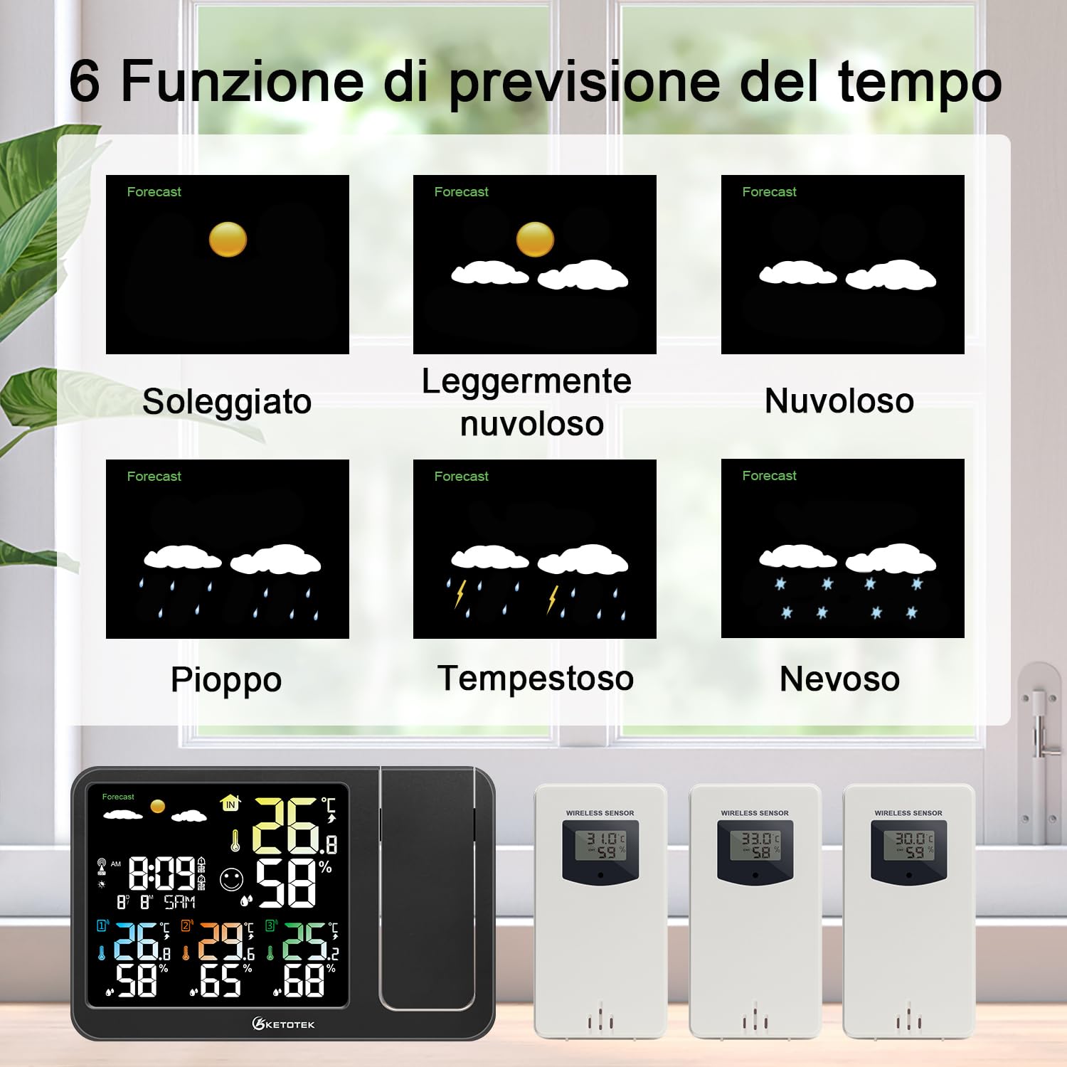 KETOTEK Sveglia Radio Digitale con Proiezione, Stazione Meteo Wireless, Termometro per Interni ed Esterni, Igrometro, Monitoraggio di Temperatura e Umidità, Previsioni Meteo con 3 Sensori Remoti