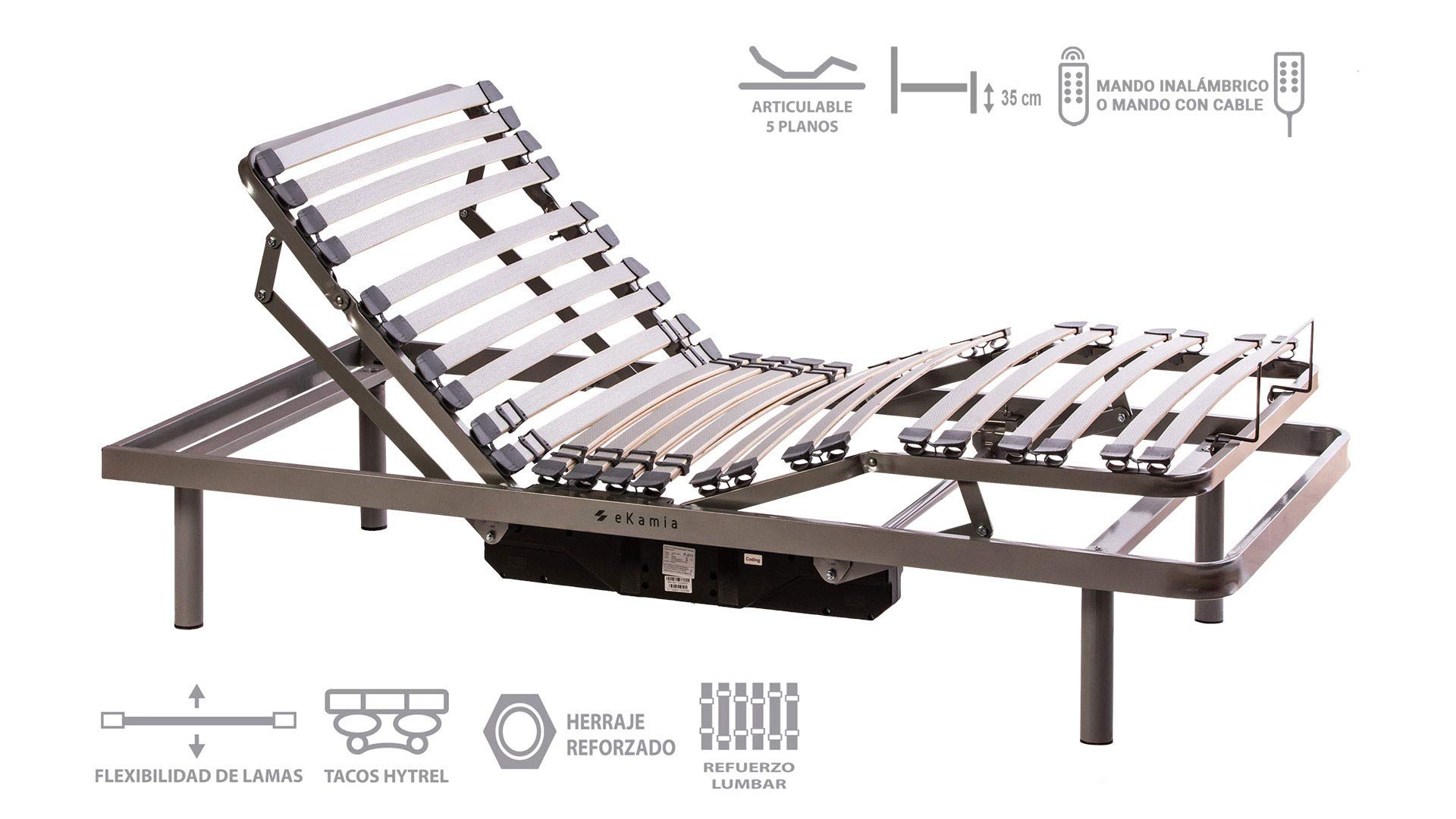 ekamia - ERIS Cama Articulada Eléctrica + Colchón Sanitario HR y Patas de 30cm - 90cm x 190cm, Mando con Cable