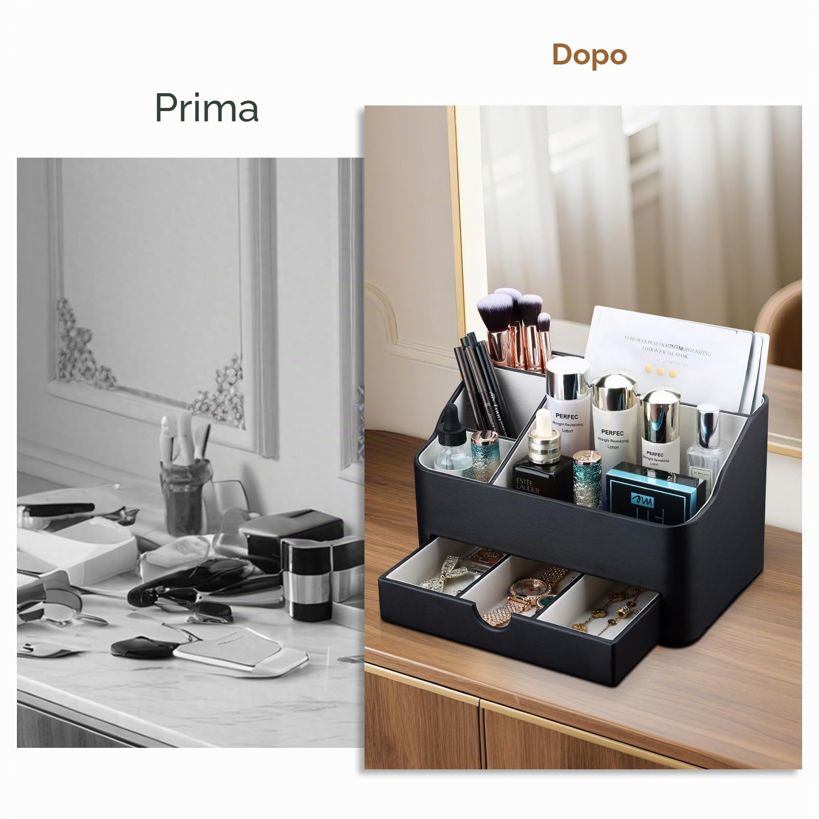 KINGFOM Organizer per trucchi cosmetici, in pelle PU, con cassetto, organizer per tavolo da toeletta (nero)