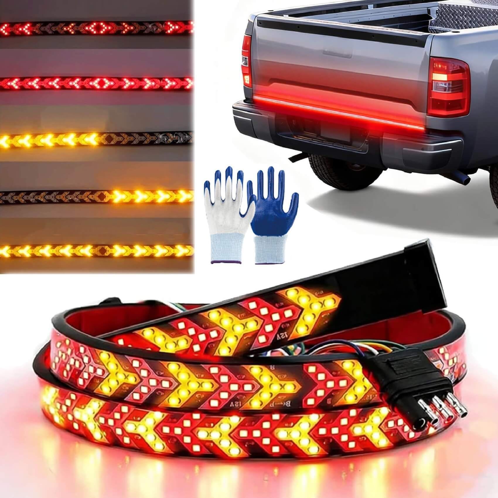 79-Inch LED Tailgate Light Bar Strip - Arrow Sequential Amber Turn Signal, Red Running/Brake & Strobe Warning, Flexible Waterproof Truck Tailgate Strip Light LED Bar (Pickup Truck Head, 79 in)