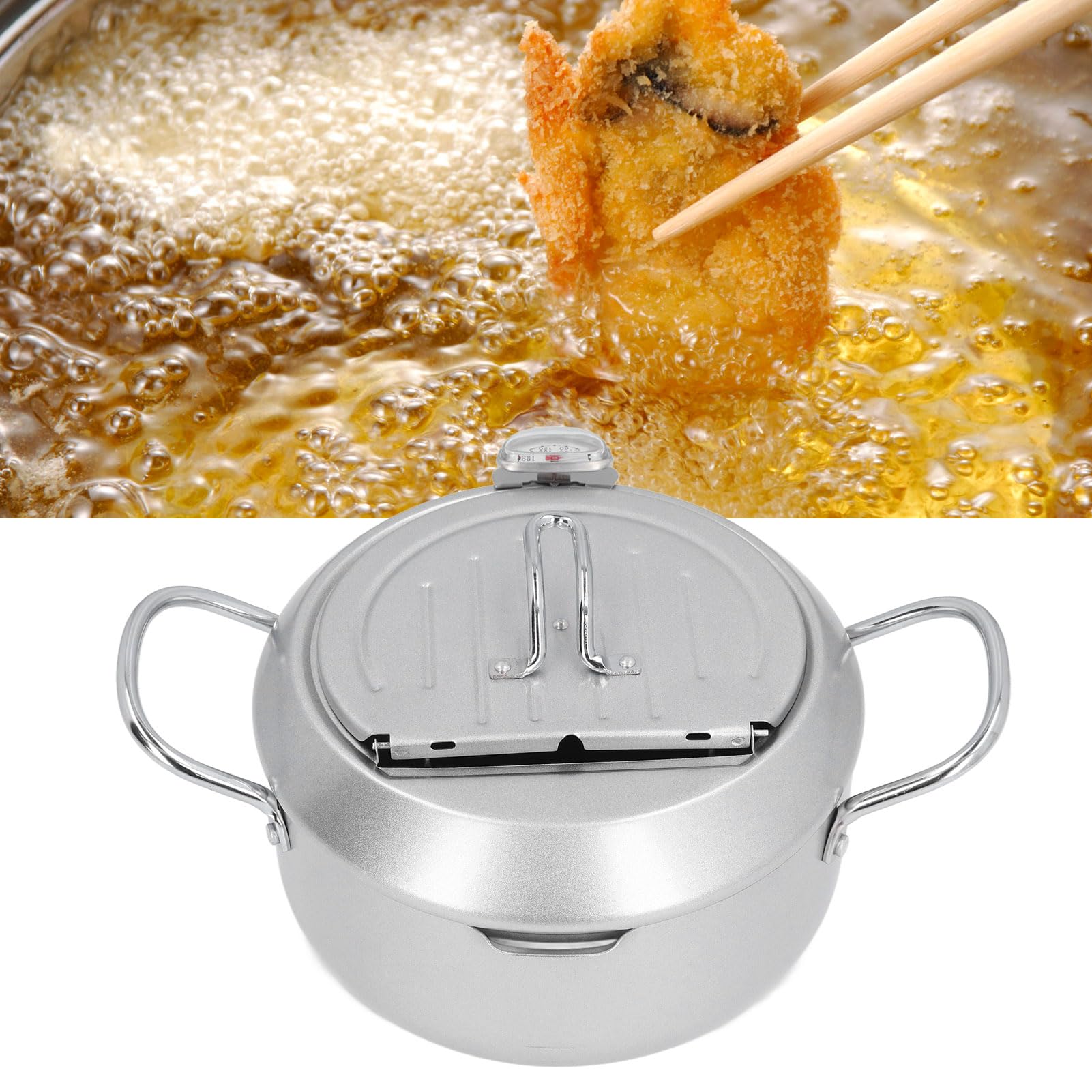 Pentola in Ferro, Pentola per Friggitrice, Pentola per Pollo, Pentola con Doppi Manici, Pentola Multiuso con Indicatore della Temperatura dell'Olio per Piatti, Zuppe (Silver)