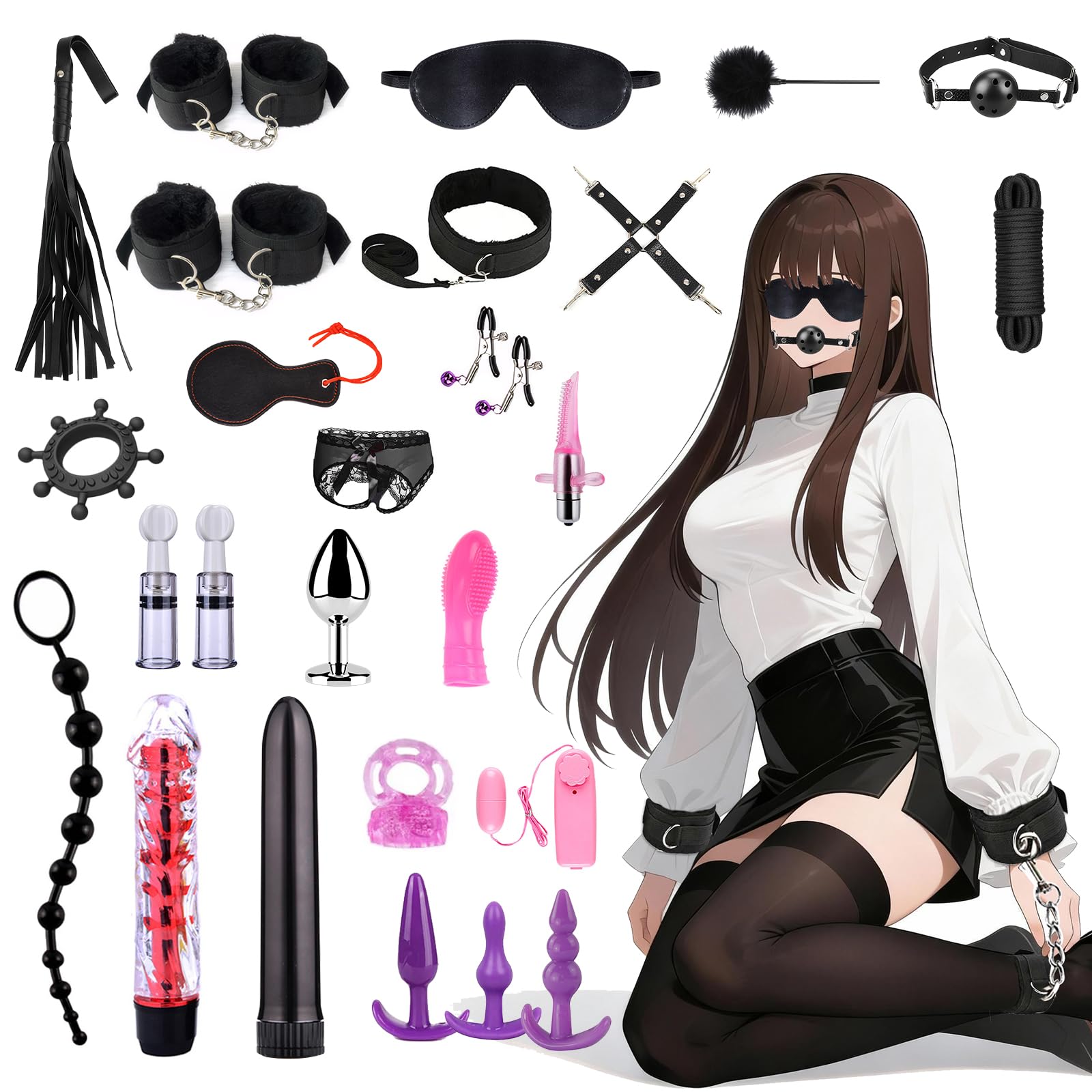 Ninonly SM Bondage Kit Juguetes Sexuales 26Piezas Juguetes Sexuales con Esposas Ajustables,Grilletes para Pies,Látigo,Máscara para los Ojos,Varita de Plumas,Vibrador para Parejas Hombres Mujeres negro