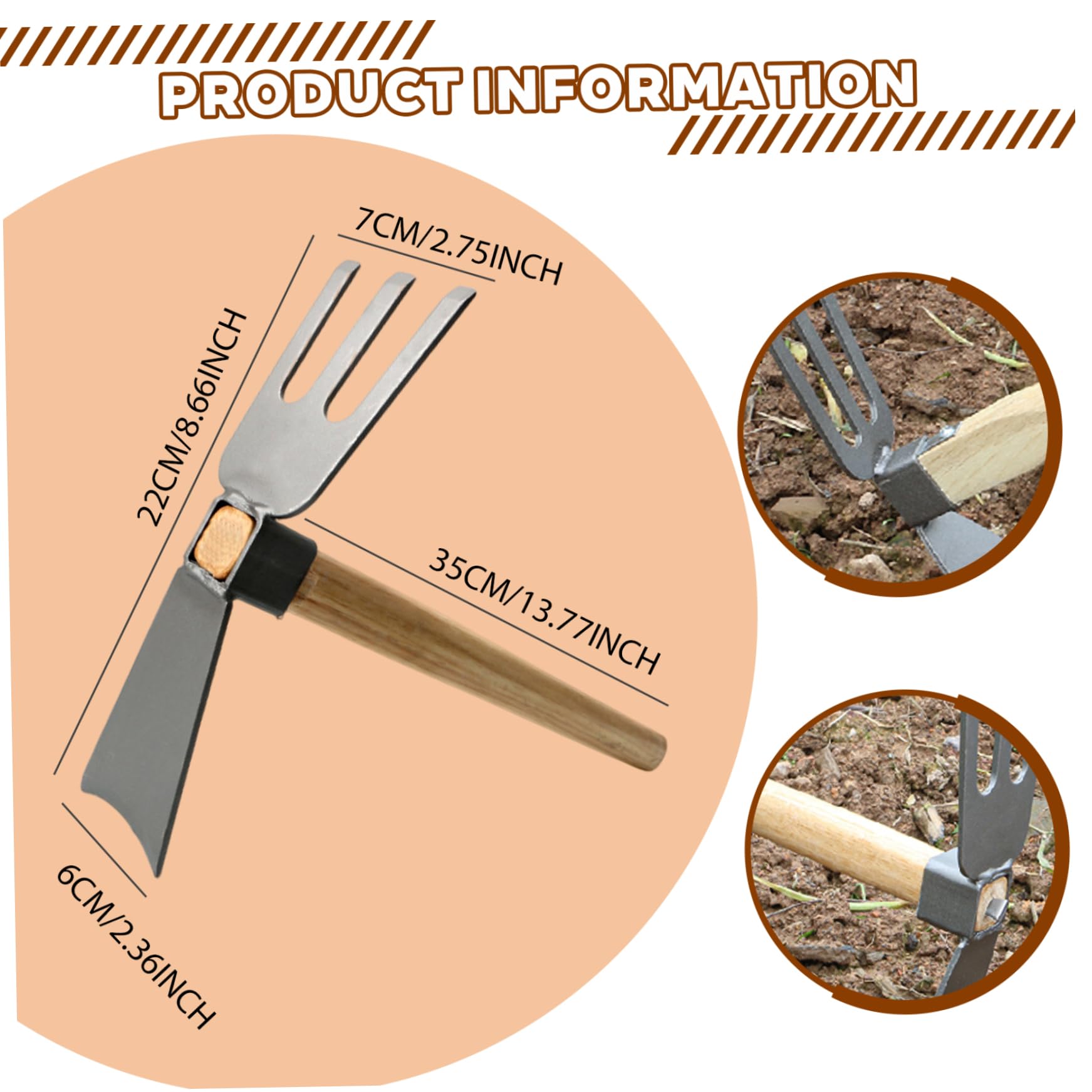 Garden Hoe, 2 in 1 Digging Fork with Wooden Handle, Carbon Steel Blade Head and 3-Prong Fork Used for Weeding, Digging, and Loosening Soil Garden Hoe