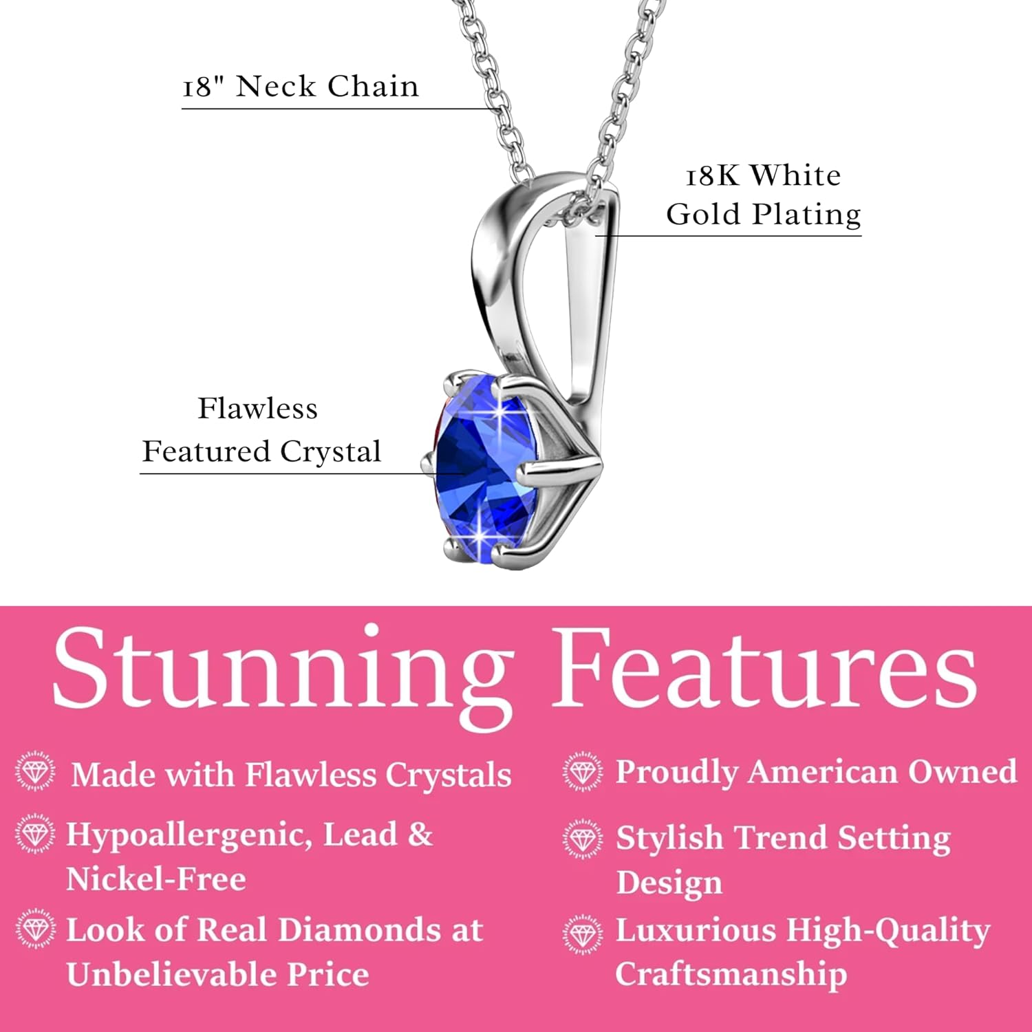 Cate & Chloe 18k White Gold-Plated Birthstone Pendant Necklace with Solitaire 1ct Simulated Diamond Crystals, Sapphire Birthstone Necklace for Women, Gift for Her on Christmas, Anniversary - Image 2