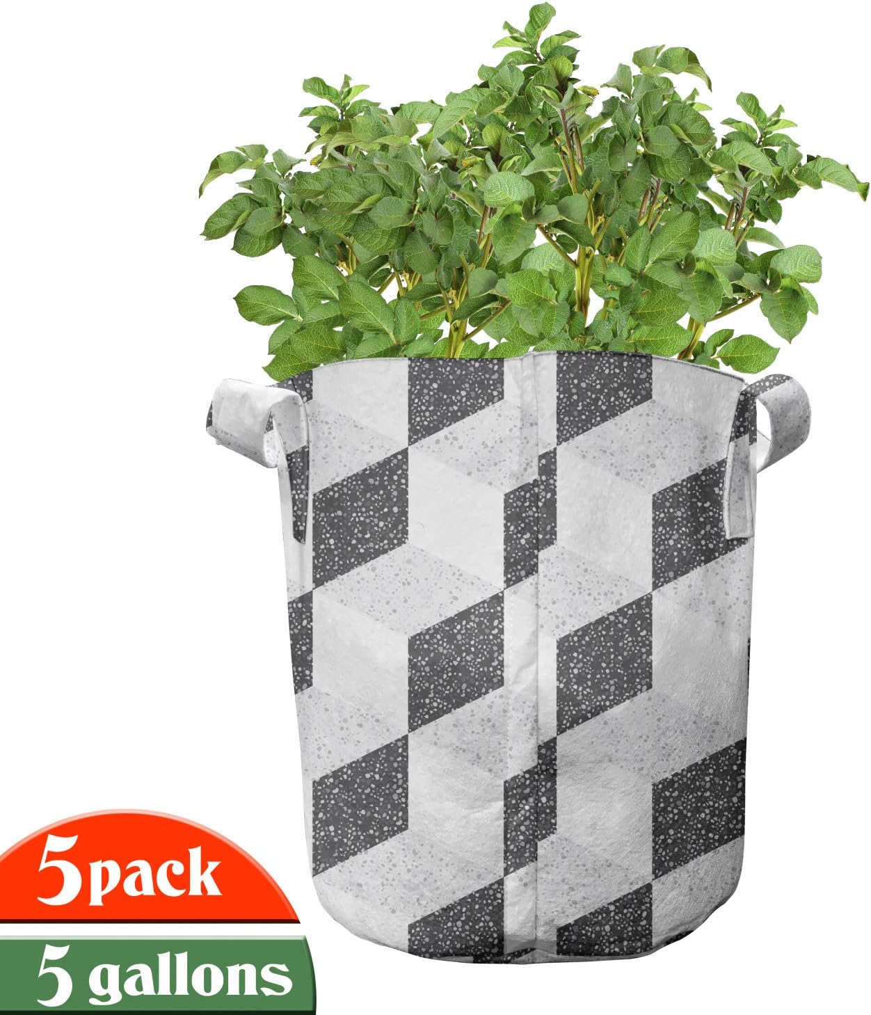 Ambesonne Mosaic Grow Bags 5-Pack, Abstract Rhombuses Images, Heavyduty Fabric Pots with Handles for Plants, Dark Grey and White