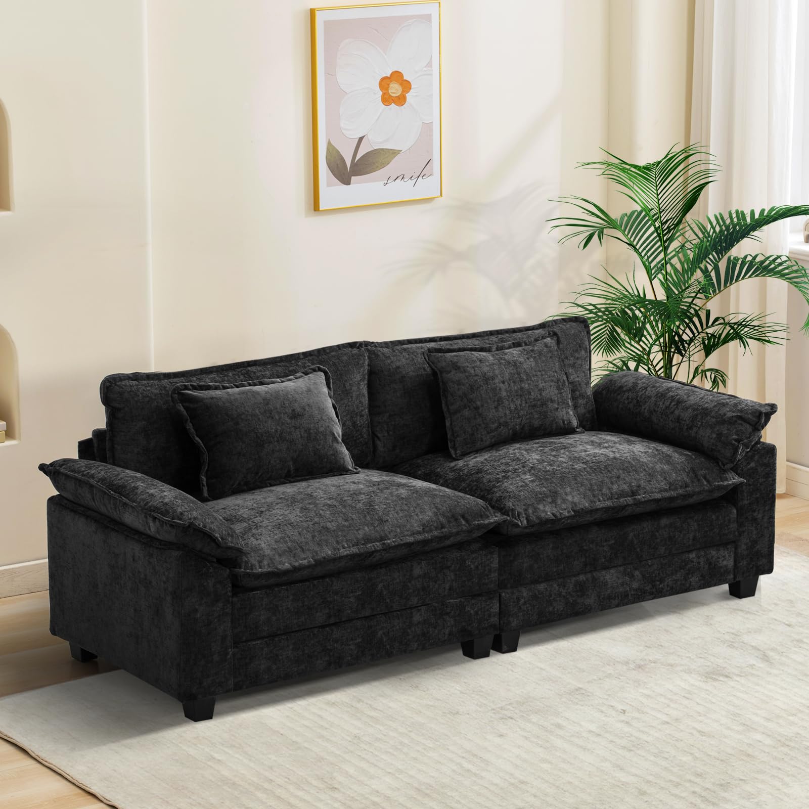 86" Modular Sectional Sofa, Comfy Cloud Couch Sectional Sofa with Ottoman, Chenille Sofa Sleeper Deep Seat Sofa with Throw Pillows for Living Room (Black, 86"- Loveseat)