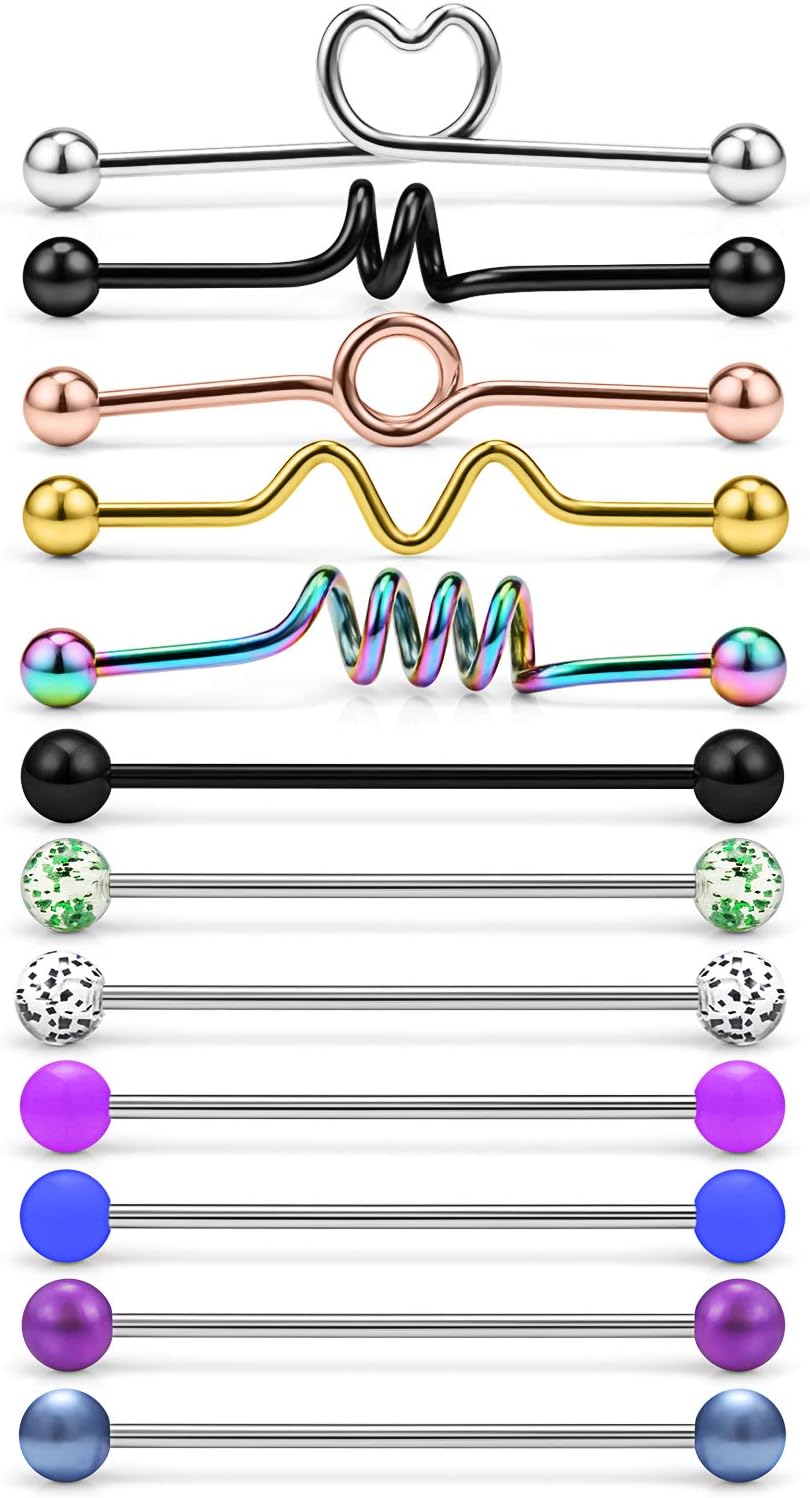 Dyknasz 12Pcs 16G Surgical Steel Industrial Barbell for Women Men Cartilage Earring Helix Rings Piercing Jewelry Bar Length 38mm (1 1/2 Inch)