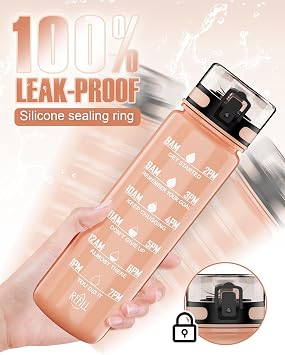 1-liter water bottle, made of BPA-free Tritan material, capacity 1 liter, with time markings, suitable for gym, outdoor activities, and campus use (Pink).