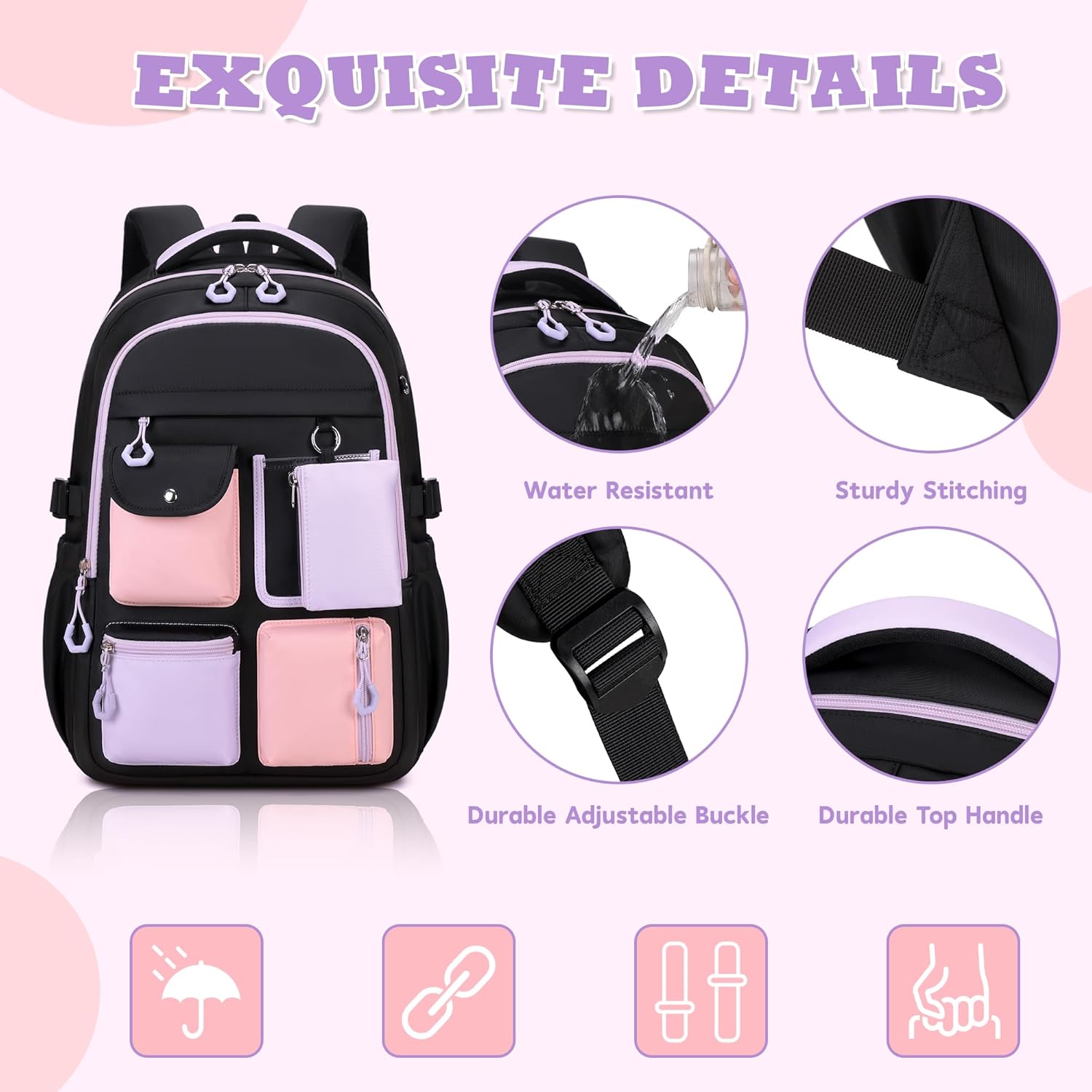 Kids Backpack, Backpack for Girls for Elementary School Multiple Pockets Ages 6-10(Black) - Image 5