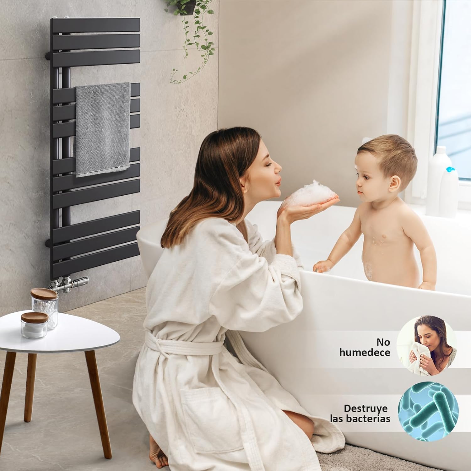 Image showing benefits of towel radiator: no humidity and bacteria destruction