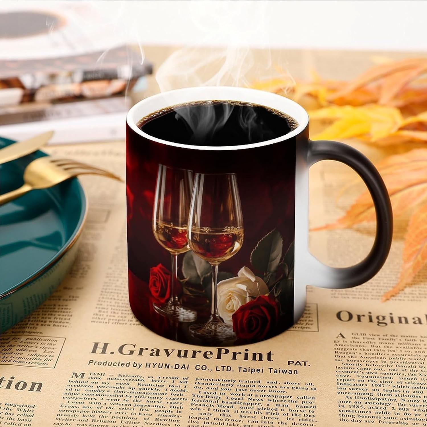 Two Glasses of White Wine Mug Personalized Ceramic Discoloration Coffee Mug Heat Sensitive Color Changing Cup Print Large Handle Design Daily Office And Home Use 12 OZ/350 ML image 3