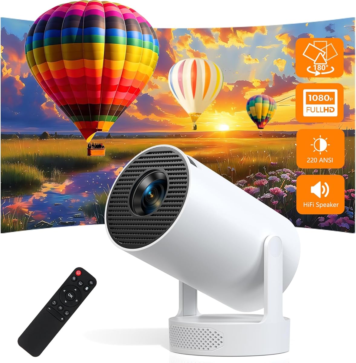 Mini Projector, Support 4K 1080P, 220 ANSI Lumens, 180° Rotatable with Built-in Apps, Auto Vertical Keystone & Manual Focus, WiFi 6 Bluetooth 5.0, Smart Proyector for Bedroom Home Theater(Ivory)