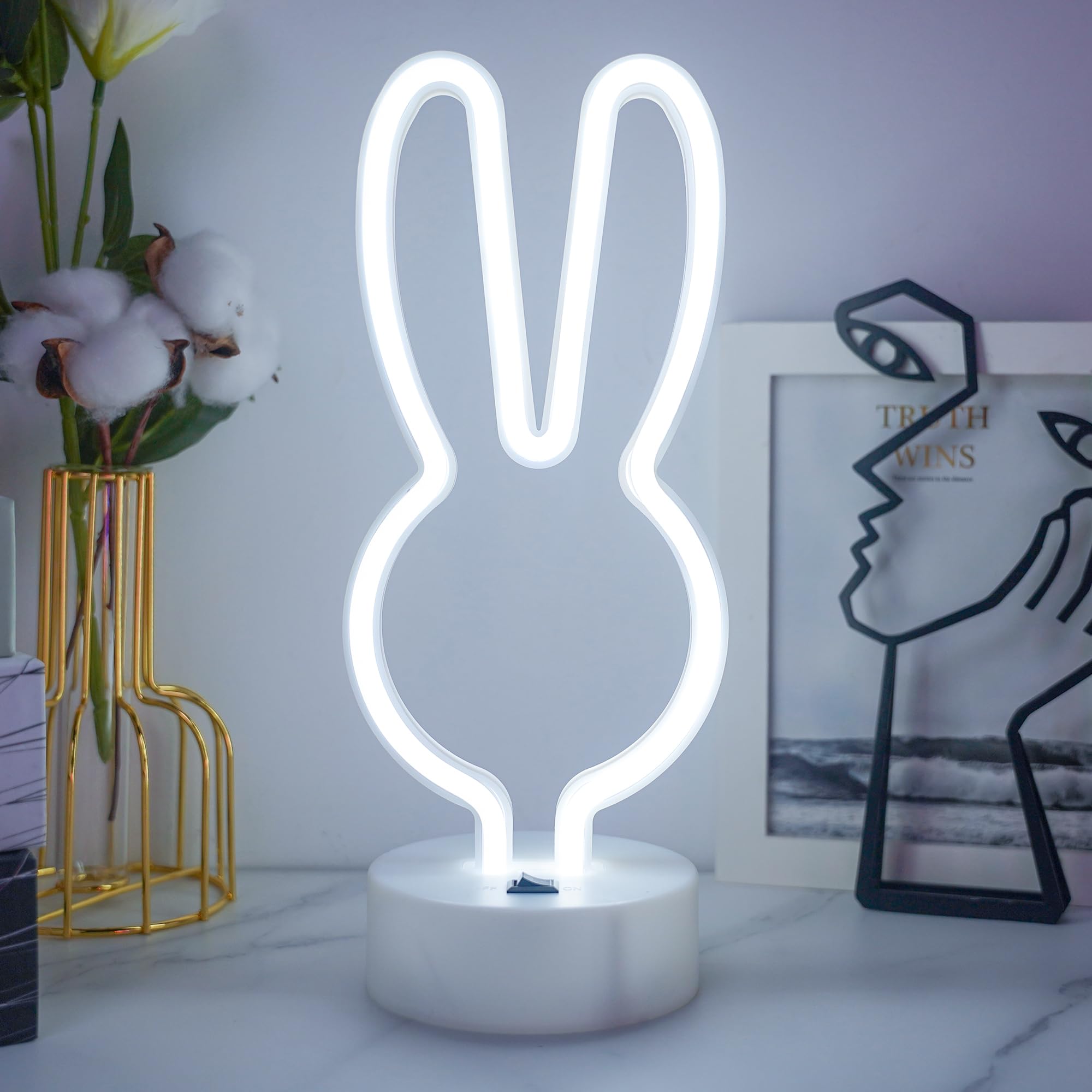 JEMESI Luce al neon a forma di coniglio, luce notturna a LED per camera da letto, funzionamento a USB/a batteria, luci al neon per camera da letto per ragazze, luci notturne per feste, matrimoni