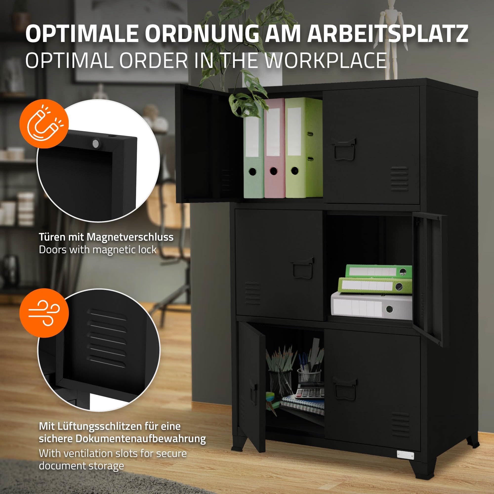 ML-Design Schedario da Ufficio 75x40x120,5 cm Nero Acciaio Mobile a 4 Gambe Armadietto in Metallo 6 Ante 3 Scomparti Interni Armadio Industriale Portadocumenti in Acciaio di Stoccaggio