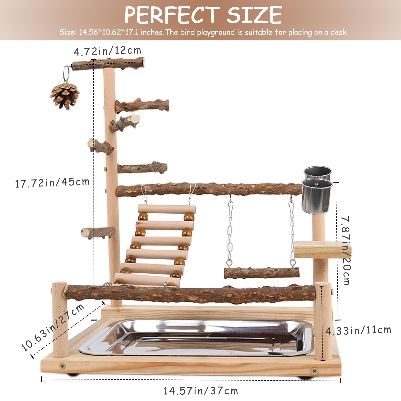 Honicemar Aves Juego Stand - Bird Playground Puesto de Madera para Loros Aves Stand con Percha Escalera Columpio Comedero Bandeja y Juguetes de Gimnasio de Ejercicios para Pájaros Pequeños y Medianos — view 2