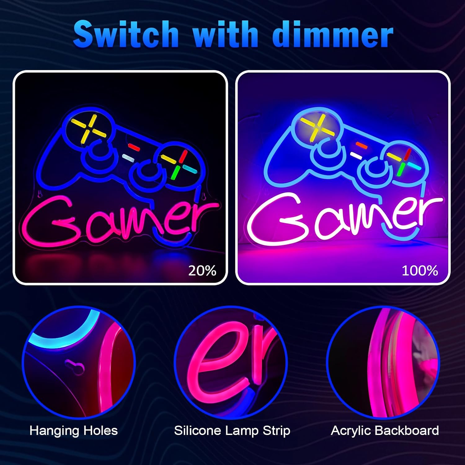 Gamer Neon Sign with Dimmer USB Powered, Gamepad Decoration Gift for Boys, Teens, LED Light for Wall Decor, Game Room, Bedroom, Man Cave - Image 6